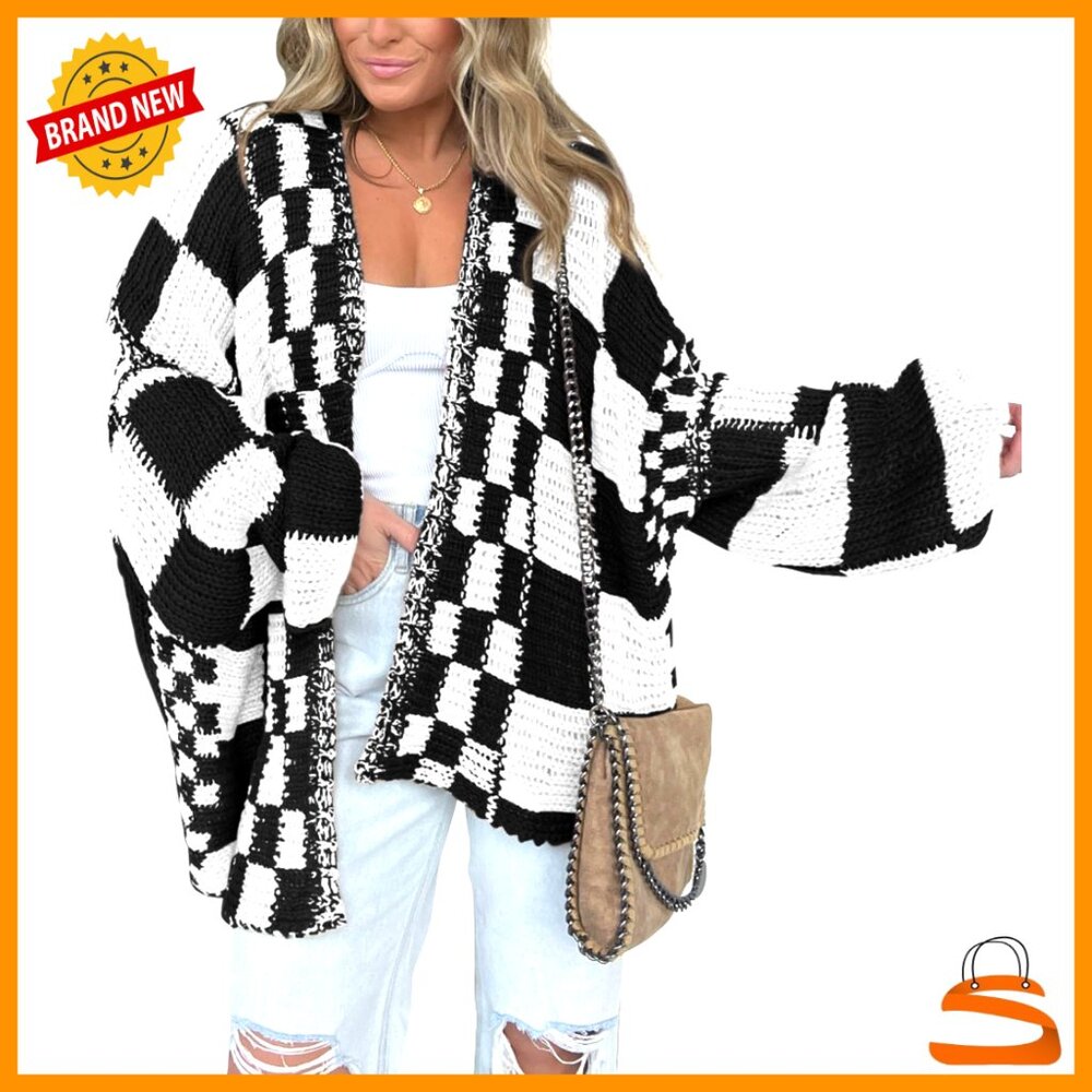 Chunky Knit Cardigan Sweater Open Front Checkered Pattern Oversized Chic